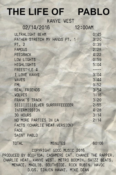 Kanye West 'the Life of Pablo Receipt' Poster – Posters Plug